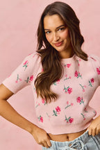SO ME Womens Sweater Top Blush Pink Floral Pattern Knit Puff Short Sleeves 72c23b482bfe4df798ce1f10fc9e6782-Max-Origin Trendsi