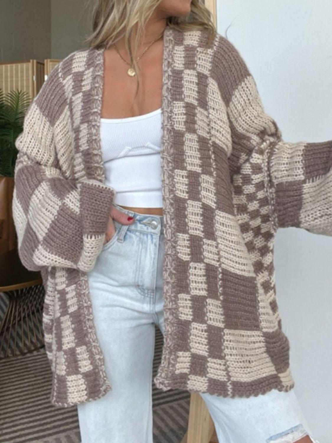 Plaid Cardigan Knit Oversized Open Front Long Sleeve Knitwear 72cc6b52-a17d-478b-9039-70d43312ab0b-Max Trendsi