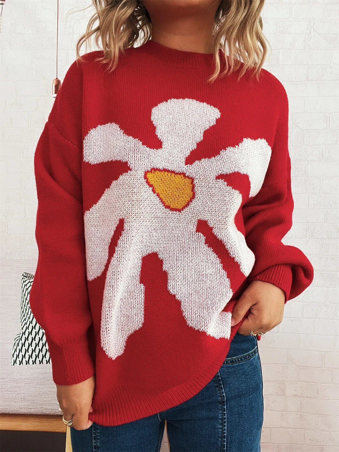 Women's Sweater Flower Dropped Shoulder Knit Long Sleeve Pullover Red One Size 72d243bc982a4c5ebc97a57d238e6919-Max-Origin Trendsi