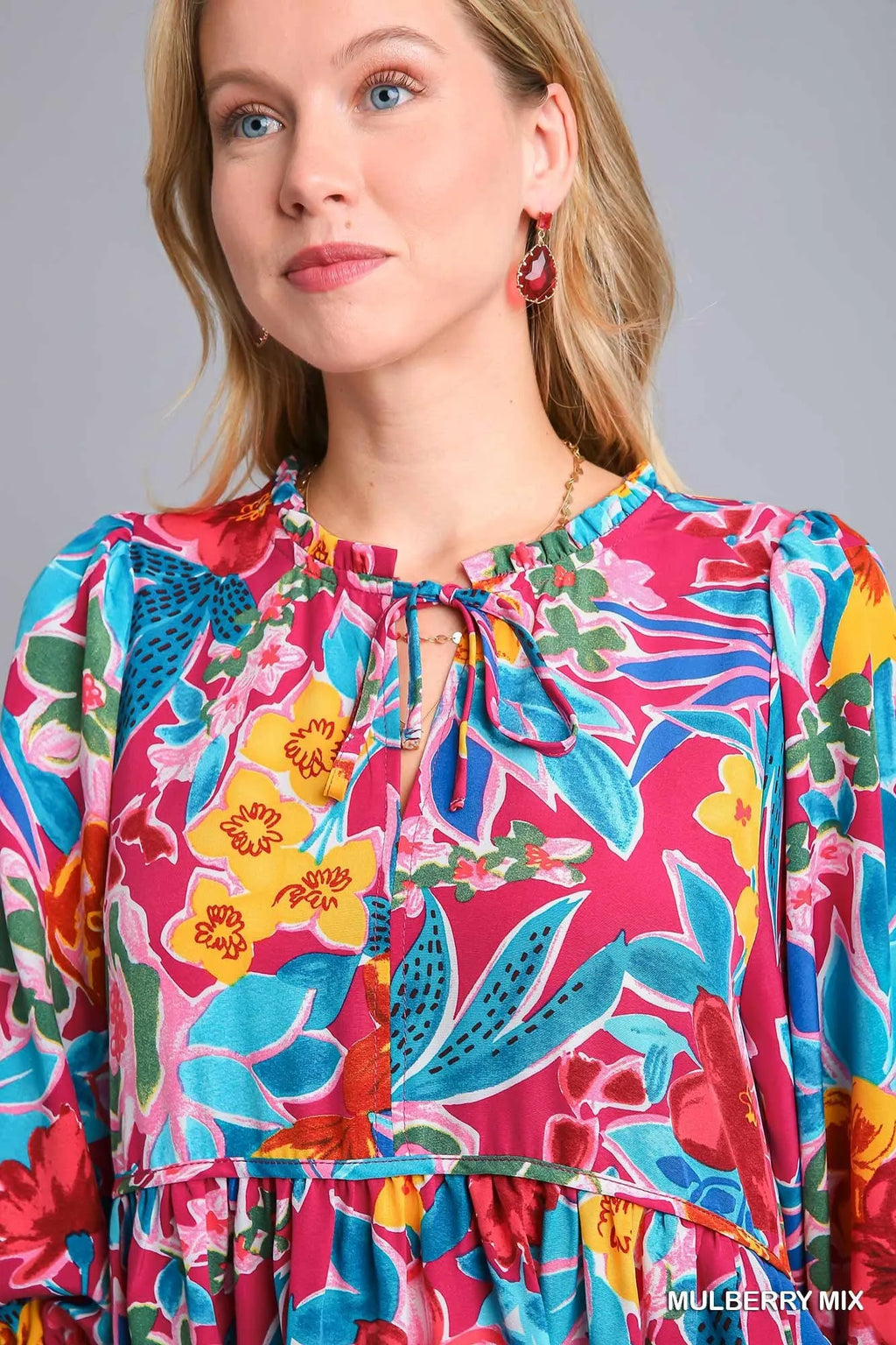 Umgee Midi Dress Floral Mulberry Mix Print Tie Neck with Pockets 3/4 Sleeve 72d2d46f-4758-41e2-90e1-3155083a5efb-Max-Origin Trendsi