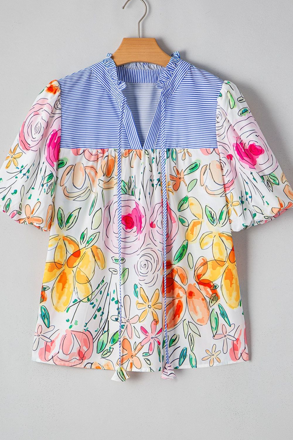 Floral Blouse Striped Yoke Frilled Tie Neck Short Puff Sleeve Top 72d8436a-0435-4fd1-8338-03fa95957b2d-Max Trendsi