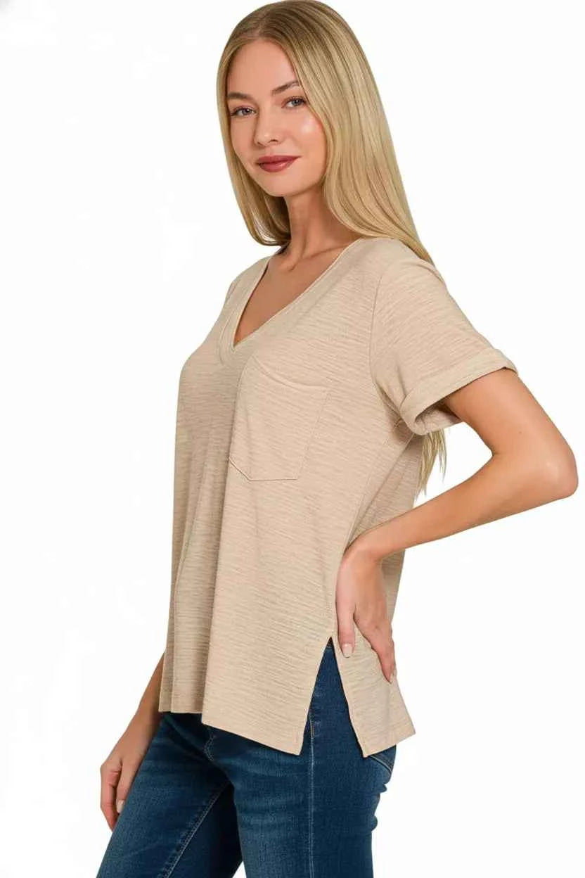 Zenana Slub Rolled Short Sleeve V-Neck Tee 72d8b7ca-d717-4cb0-aa08-4bd464882871-Max-Origin Trendsi