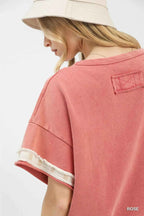Umgee Blouse Rose French Terry Top with Flower Patch Short Sleeve 72dc9676-3835-48c3-886d-114b3effc7ac-Max-Origin Trendsi
