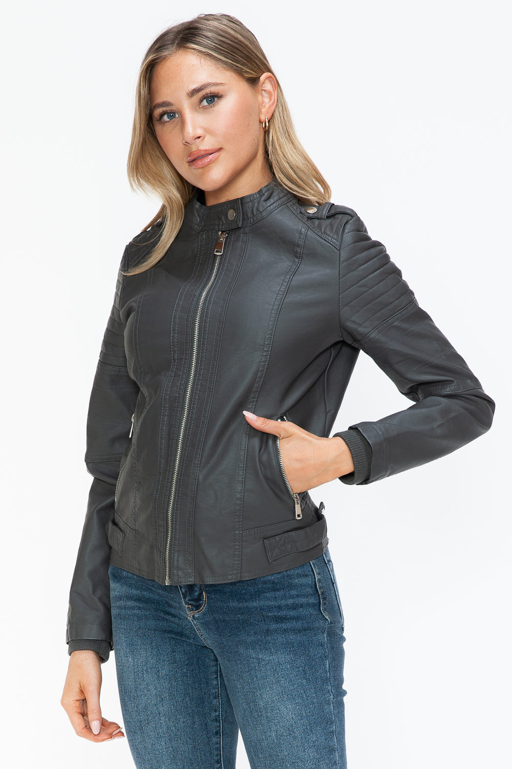 Snobbish PU Leather Biker Jacket Women Black with Side Zip Pockets