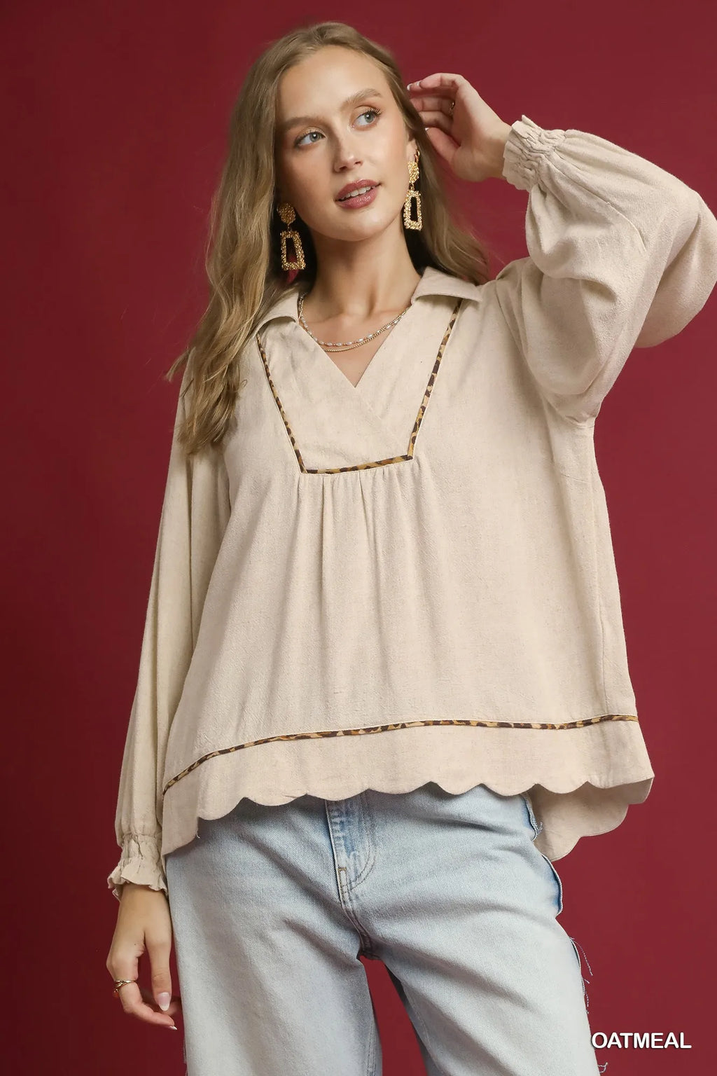 Umgee Women's Blouse Linen Scallop Hem Long Sleeve Top OATMEAL 72edf50c-946d-4b59-8021-9977a515f7ea-Max-Origin Trendsi
