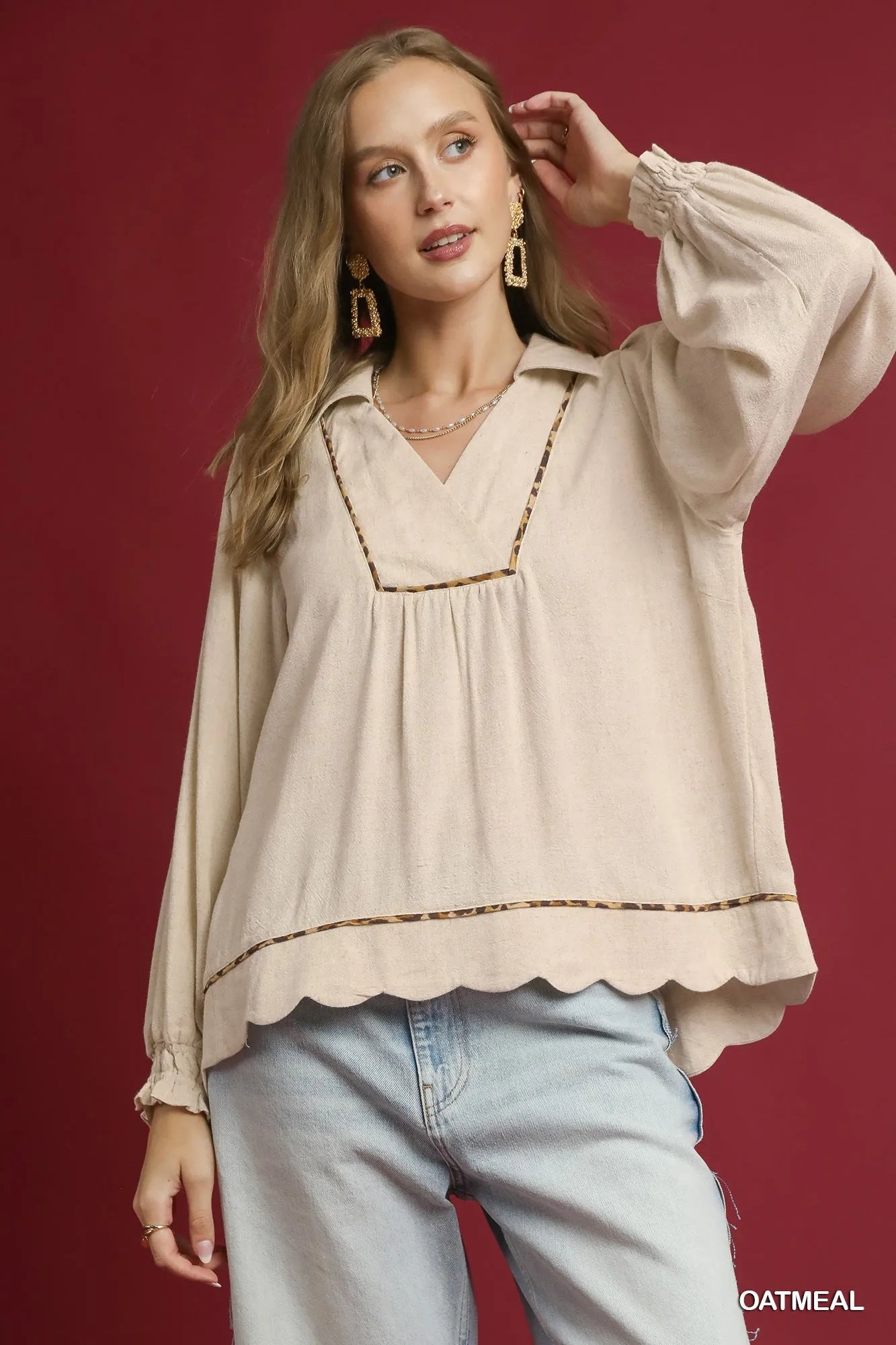 Umgee Women's Blouse Linen Scallop Hem Long Sleeve Top OATMEAL 72edf50c-946d-4b59-8021-9977a515f7ea-Max-Origin Trendsi