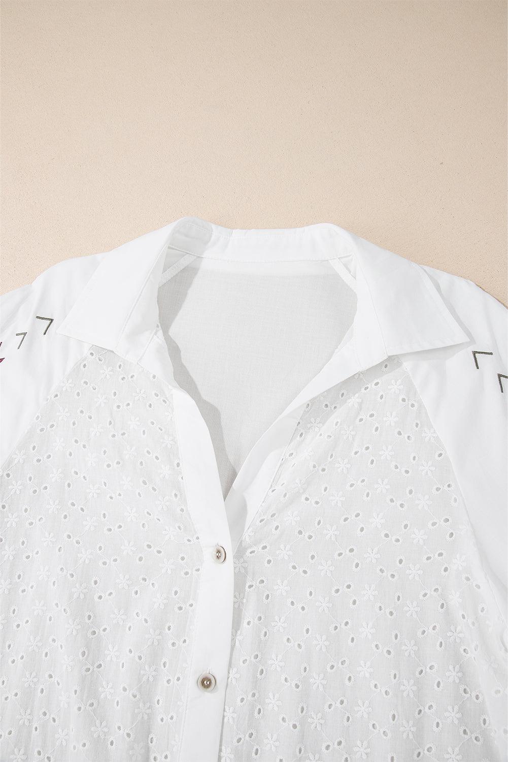 White Shirt Embroidered Eyelet Collared Neck Long Sleeve Blouse 100% cotton 72ee1d1f-f2dc-4b2c-8e18-50b83b639d34-Max Trendsi