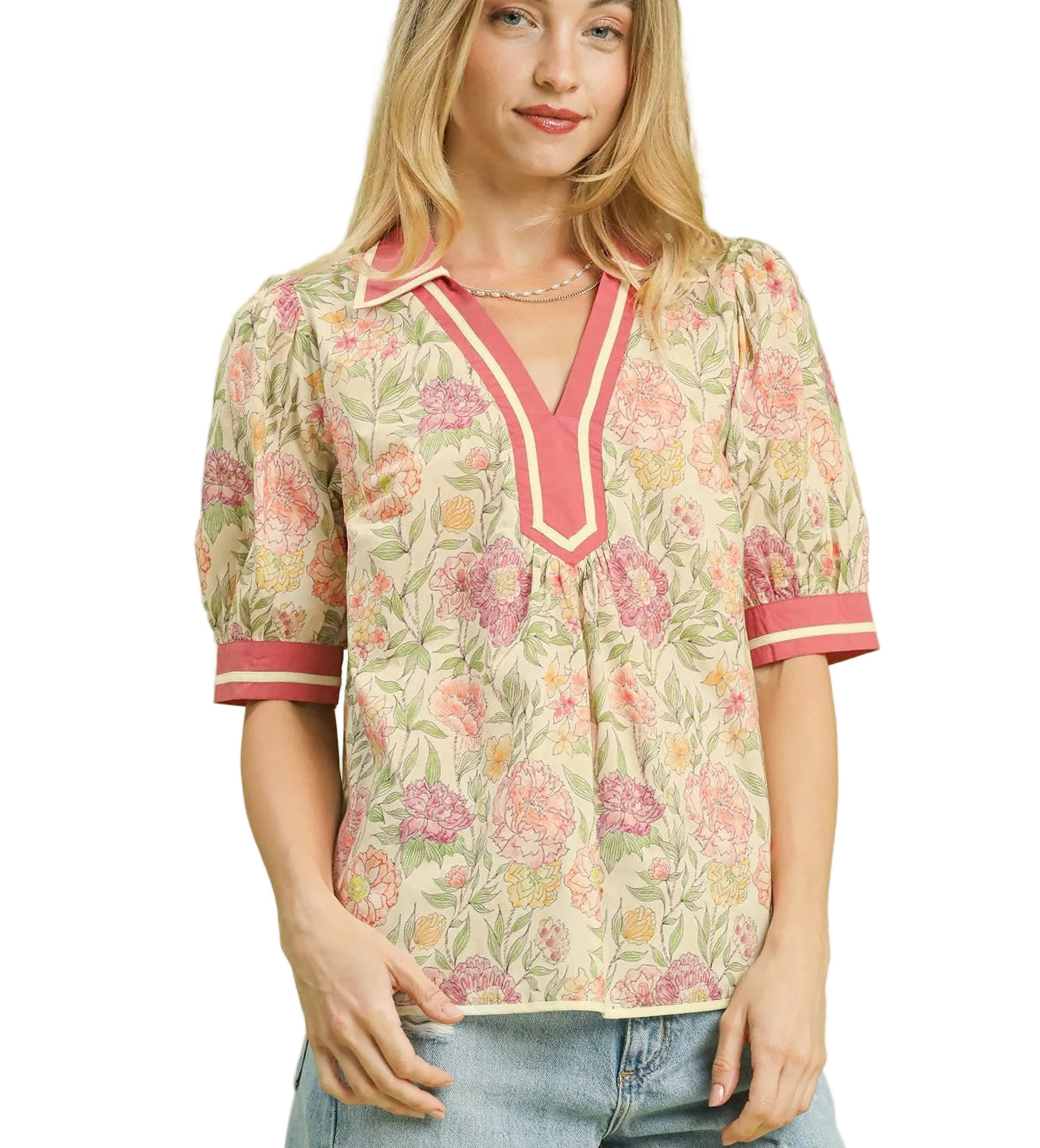 Umgee Mixed Floral Puff Sleeve Blouse with Contrast Coral Trim and V-Neck Collar