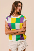 BiBi Womens Sweater Knit Top Mardi Gras Checker Pattern Sleeveless 72f3803fc67a495fb4be80442ad16966-Max-Origin Trendsi