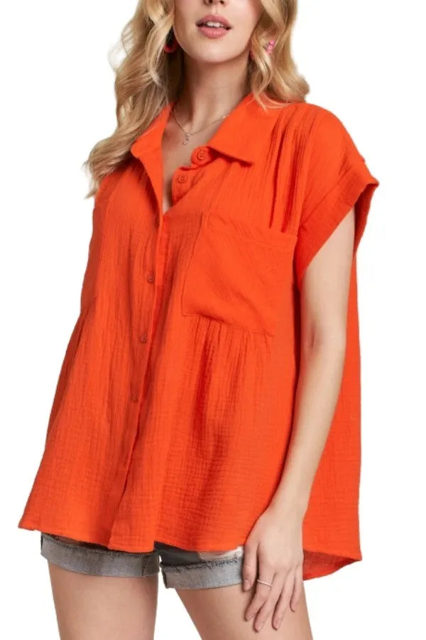 ADORA Shirt Cotton Orange Solid Top Short Sleeve with Pockets ORANGE 72f829505b114fc5a87786a43e9c21fc-Max-Origin Trendsi