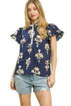 Umgee Floral Ruffle Sleeve Split-Neck Top