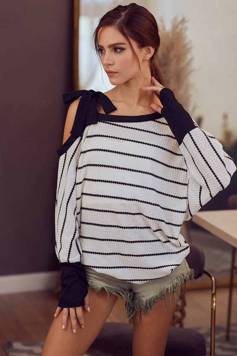 BiBi Blouse Stripe Yarn Dye Waffle One Shoulder Ribbon Detail Top 730c72ac2cfc4723819637292e4c41c4-Max-Origin Trendsi