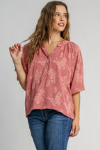 Umgee Blouse Notched Button Detail Half Sleeve Dusty Pink Top Dusty Pink 73116aba-9342-4f76-8ff5-927cc33f379d-Max Trendsi