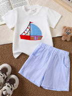 Children's Sailboat T-Shirt and Striped Shorts Two-Piece Set