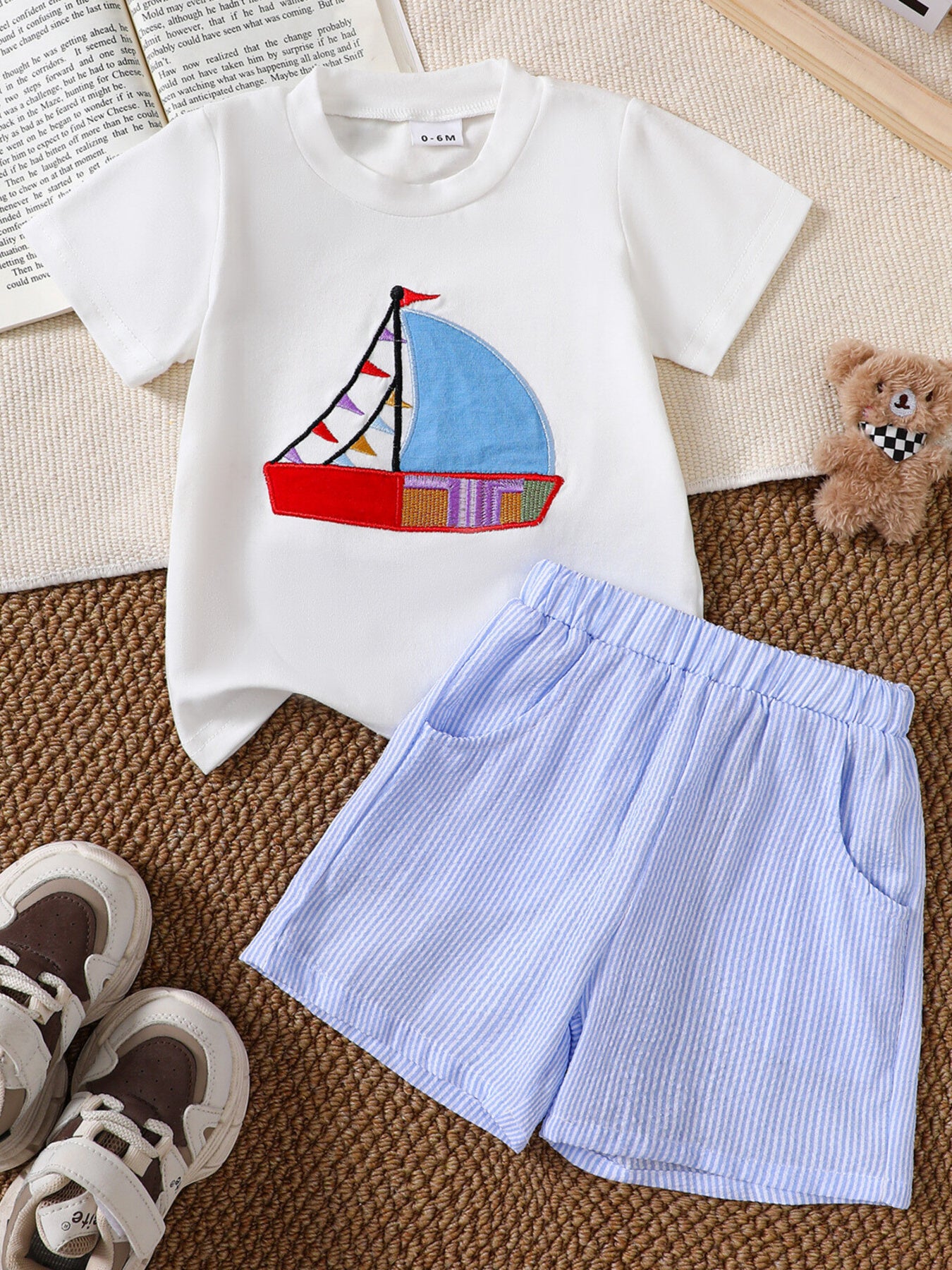 Children's Sailboat T-Shirt and Striped Shorts Two-Piece Set