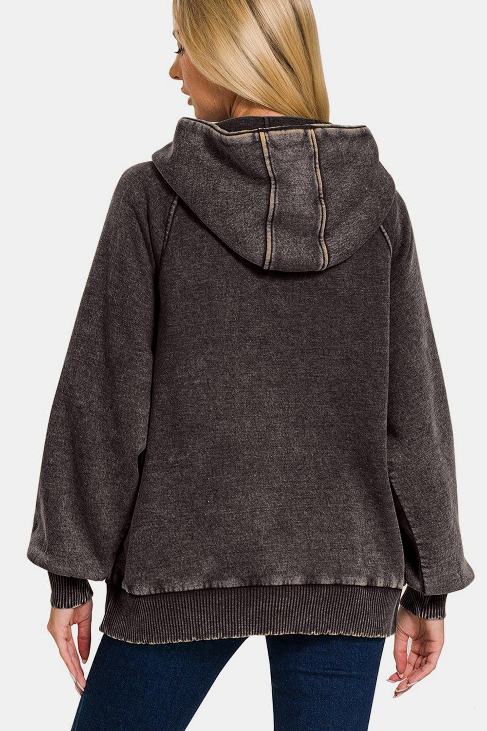 Zenana Hoodie Acid Wash Ash Black Fleece Kangaroo Pocketed