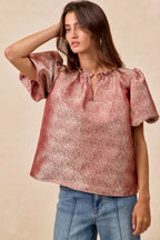 BiBi Jacquard Womens Blouse Red Woven Short Balloon Sleeves V Neck Top 7315f0f21b1140e48d69120a7c45952a-Max-Origin Trendsi