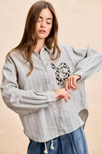BiBi Womens Gray Stripe Shirt Black Flower Jacquard Knit Patch Pocket Top 73160abbbee64e6ca94a3c0c4a5881f6-Max-Origin Trendsi