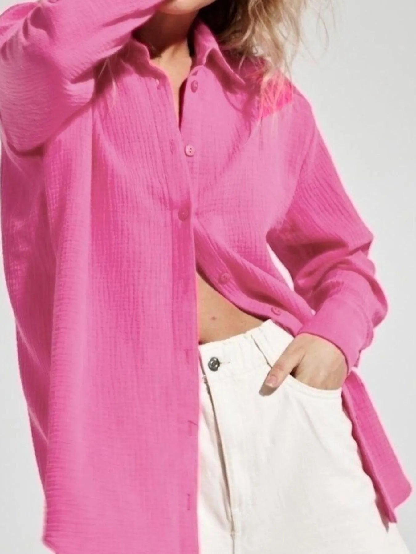Women's Shirt Texture Oversized Button Up Long Sleeve Top Pink 7326a21a-4498-4714-8968-cc6de7d1cc6c-Max-Origin Trendsi