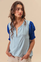 BiBi V Neck Top Air Flow Ruffled Blue Color Block Puff Short Sleeves 732f7a0055f44e8499c76a9430ea1ad4-Max-Origin Trendsi