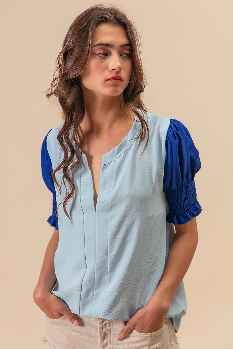 BiBi V Neck Top Air Flow Ruffled Blue Color Block Puff Short Sleeves 732f7a0055f44e8499c76a9430ea1ad4-Max-Origin Trendsi