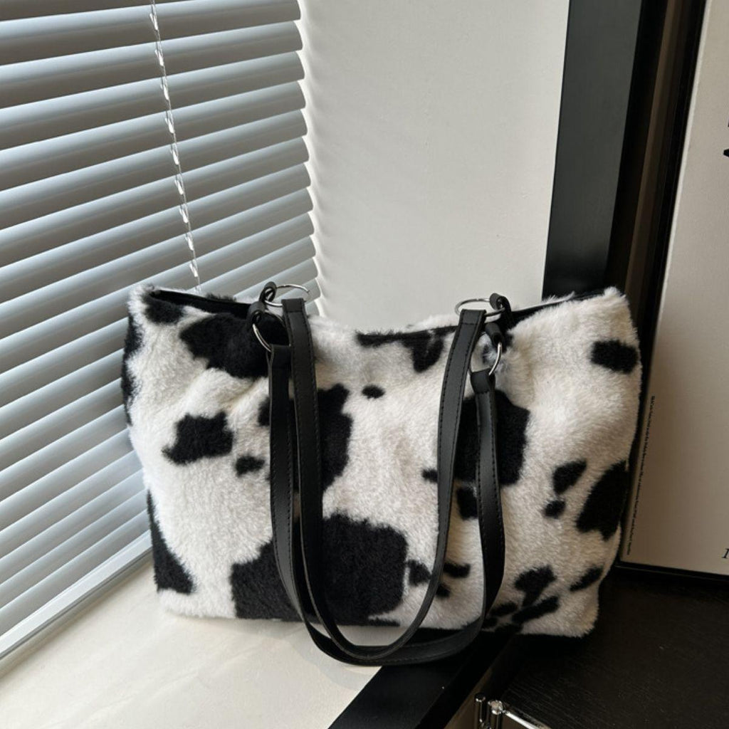 Furry Tote Handbag Large Cow Print Women Zipper Shoulder Bags Black One Size 73347336-8636-4cf5-ba2d-c4c0c19607bf-Max Trendsi
