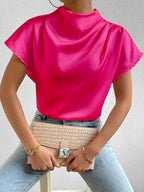 Satin Blouse Mock Neck Pleated Short Sleeve Basic Style Top 733d5c2e-cc41-4a8b-a563-e1d77254fa3c-Max-Origin Trendsi