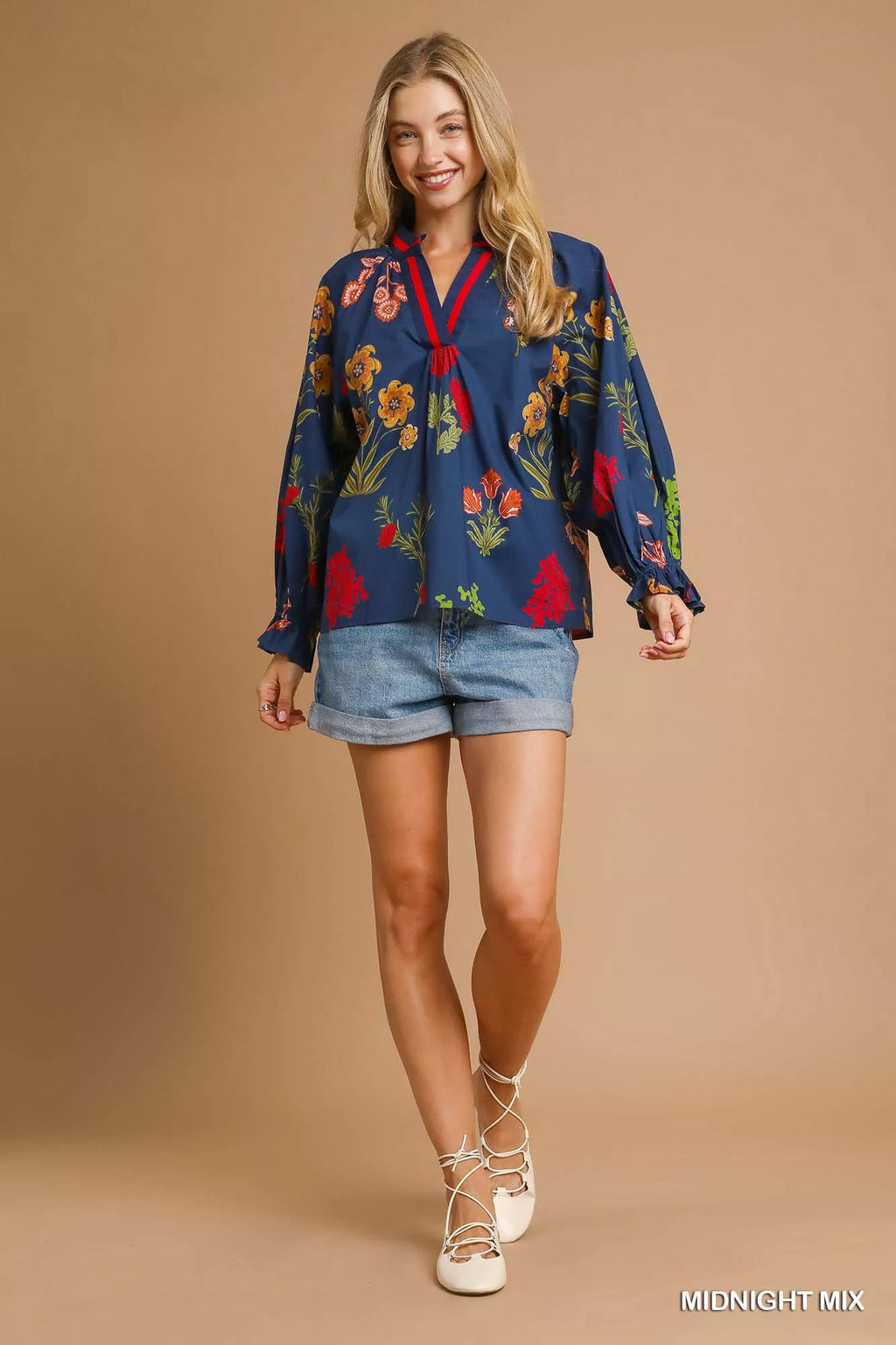 Umgee Womens Blouse Midnight Blue Floral Print Flounce Sleeve Ruffled 734aa405-3893-4111-9b57-ec2f485418bd-Max-Origin Trendsi