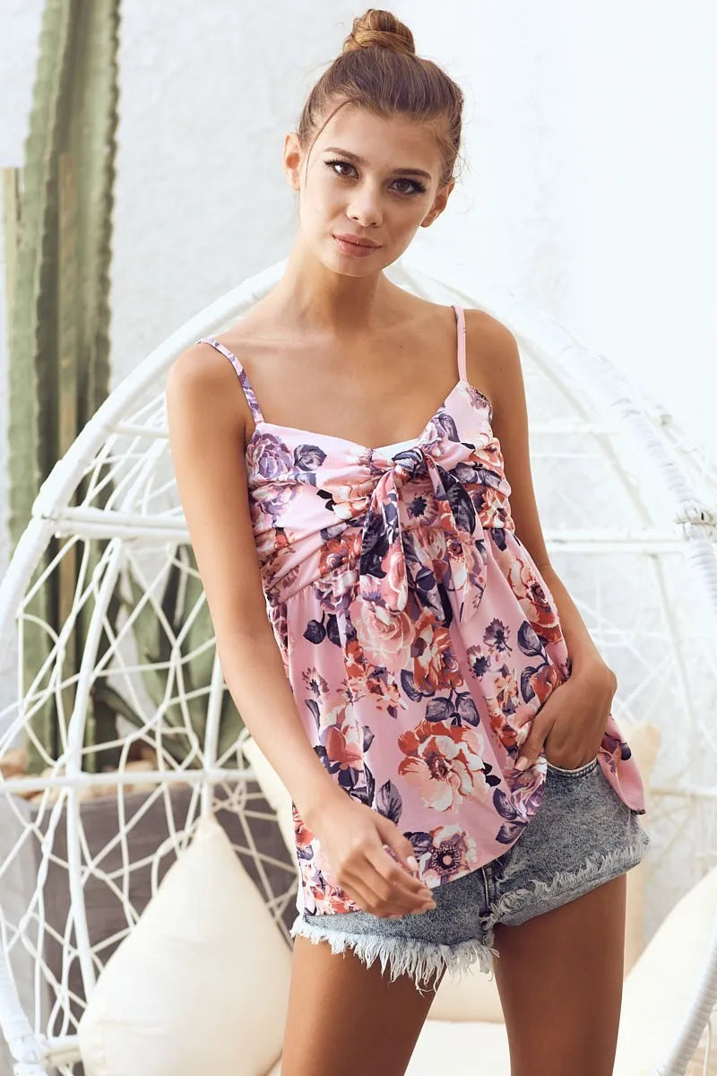 BiBi Floral Blouse Pink Mix Printed Jersey Knit with Tie Ribbon Front Top 734e3fe3cab94825a0e9f323833142ed-Max-Origin Trendsi