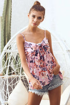 BiBi Floral Blouse Pink Mix Printed Jersey Knit with Tie Ribbon Front Top 734e3fe3cab94825a0e9f323833142ed-Max-Origin Trendsi