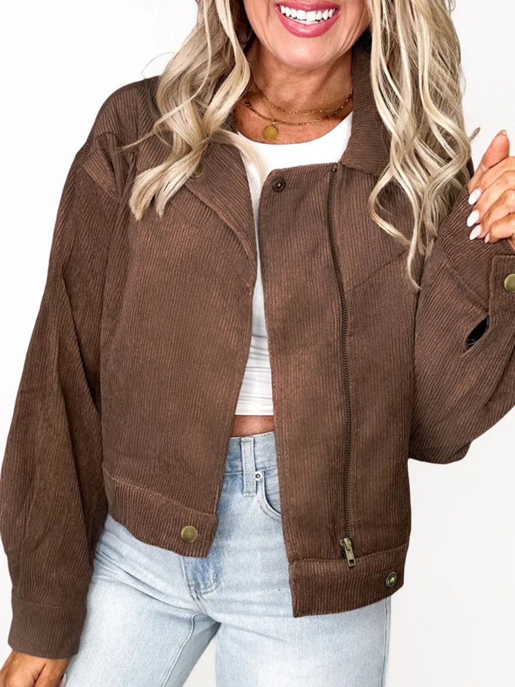 Corduroy Women's Bomber Jacket Cropped Brown Zipper Long Sleeve Outwear 734f78d7-5bdc-46b3-a65f-1e8ff107f4b2-Max-Origin Trendsi