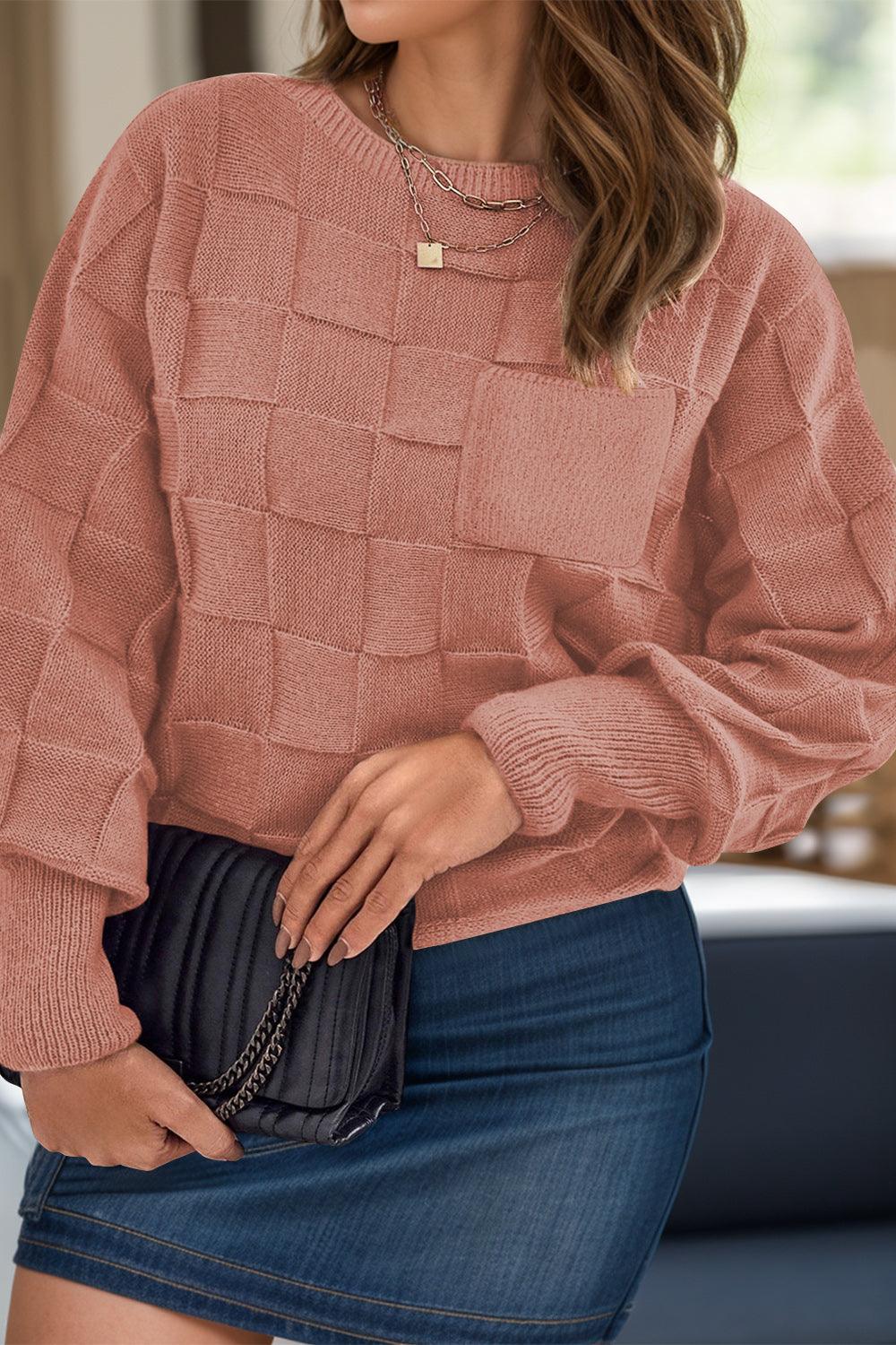 Oversized Plaid Sweater Plus Size Round Neck Long Sleeve Dusty Pink 734f831a-4569-4ce5-b946-85fe4b2bd3bd-Max Trendsi