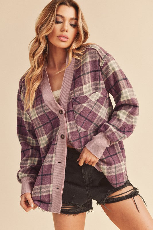 Aemi + Co Plaid Purple Jacket Side Slit Patch Pocket Long Sleeve Purple 735097e6-6fd7-4457-aa0e-e53ee19bddd3-Max Trendsi