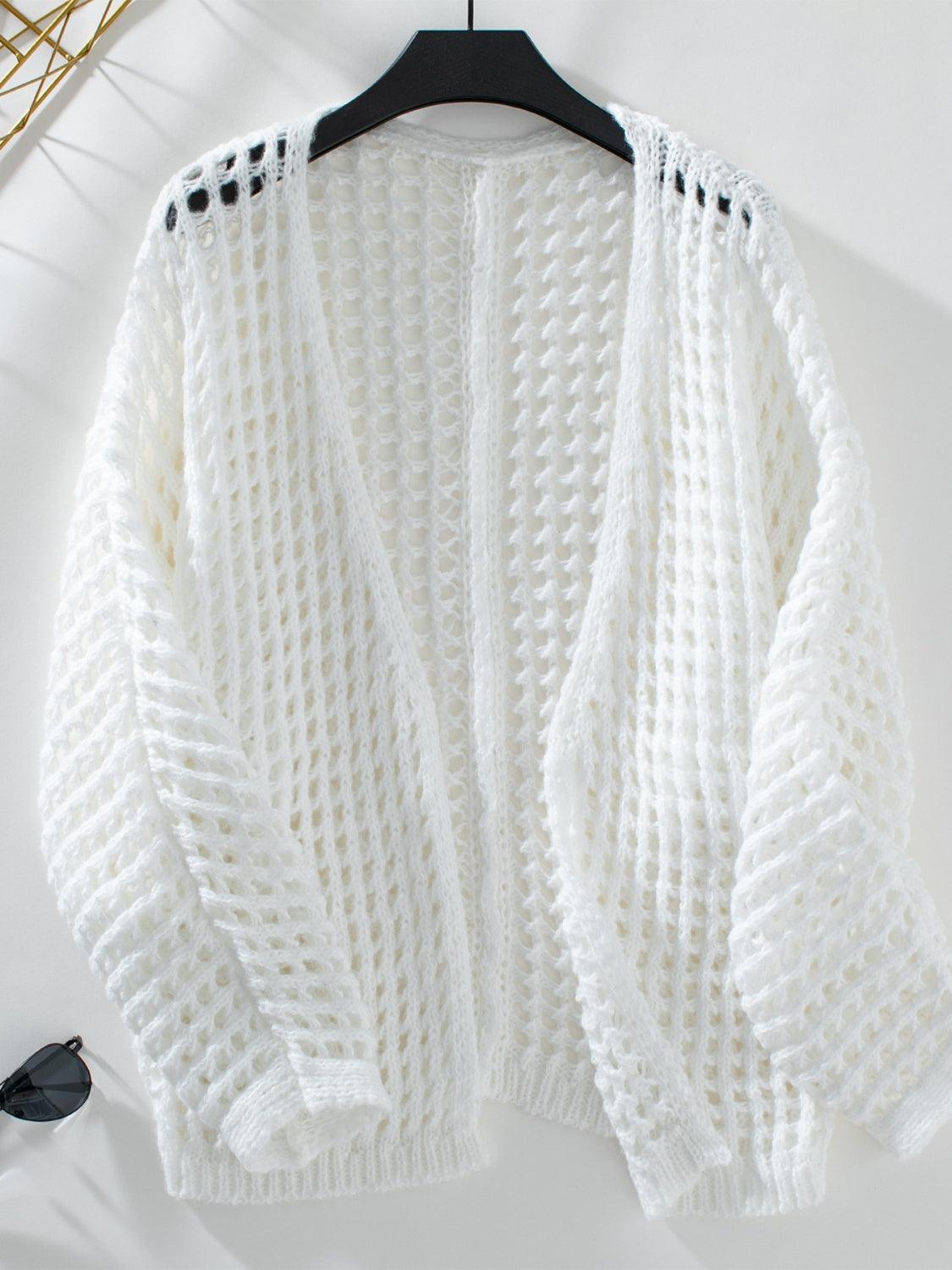 Cardigan Openwork Open Front Long Sleeve Knitwear White