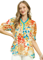 Umgee Floral Contrast Pleat Neck Blouse