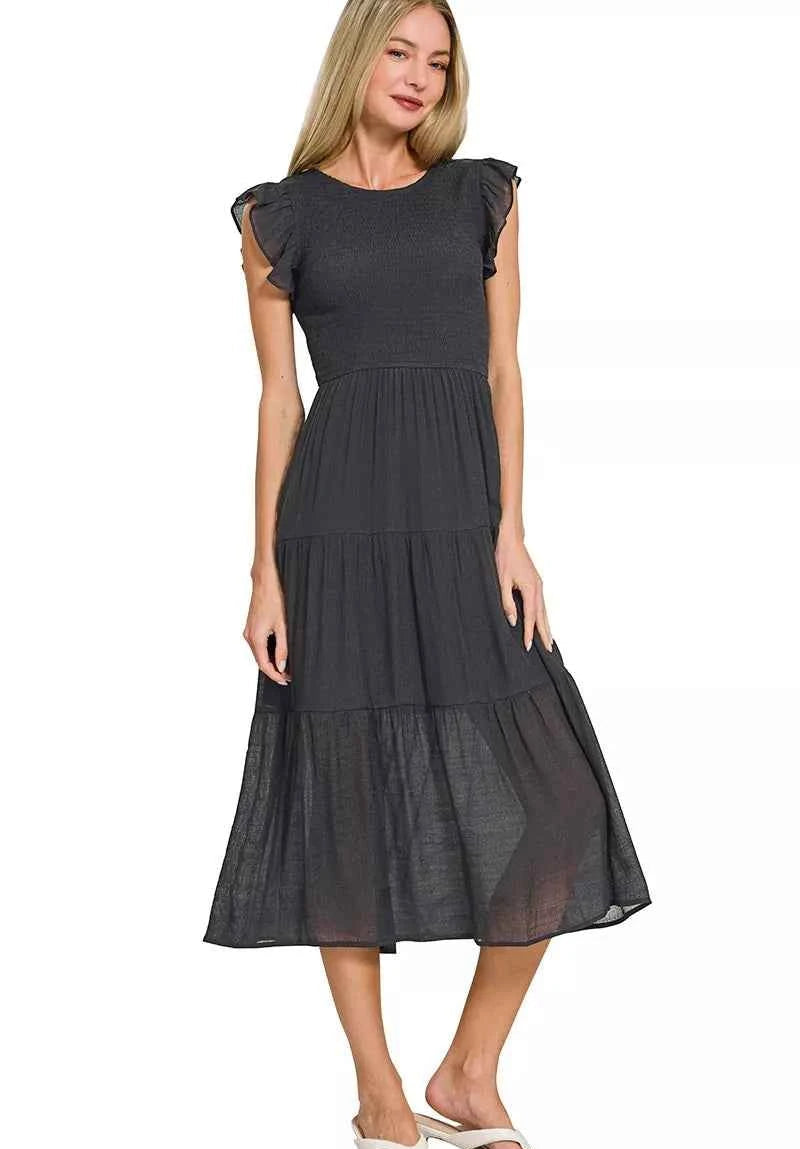Zenana Midi Dress Black Woven Smocked Ruffle Short Sleeve Smocked BLACK 735f6fbda5a2410196652e25b1b44fd5-Max-Origin Trendsi