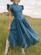 Denim Midi Dress Ruffled Cap Short Sleeve Navy Blue Buttoned Tiered Navy Blue 7362ee1e-f99e-40be-b50c-f4fa25ce1136-Max-Origin Trendsi
