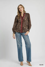 Umgee Women's Shirt Leopard Print Ruffle Trim Buttoned Long Sleeve Top 73719e9f-6f83-47fc-903e-3ef5e999fdc8-Max-Origin Trendsi