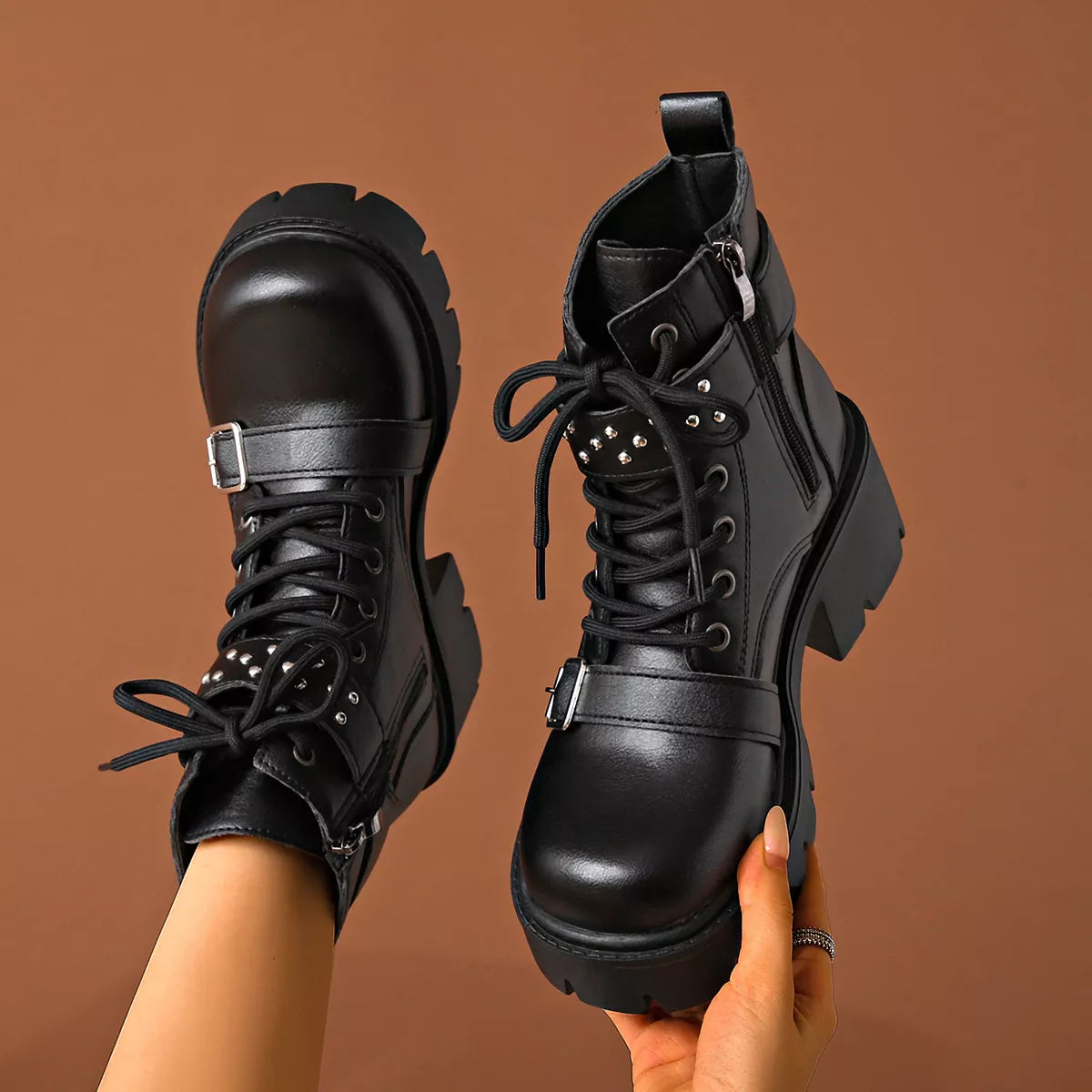 Women's Boots Pu Leather Block High Heels Round Toe Shoes Black 73790144b9e94bf8b3ad64022ed1f144-Max-Origin Trendsi