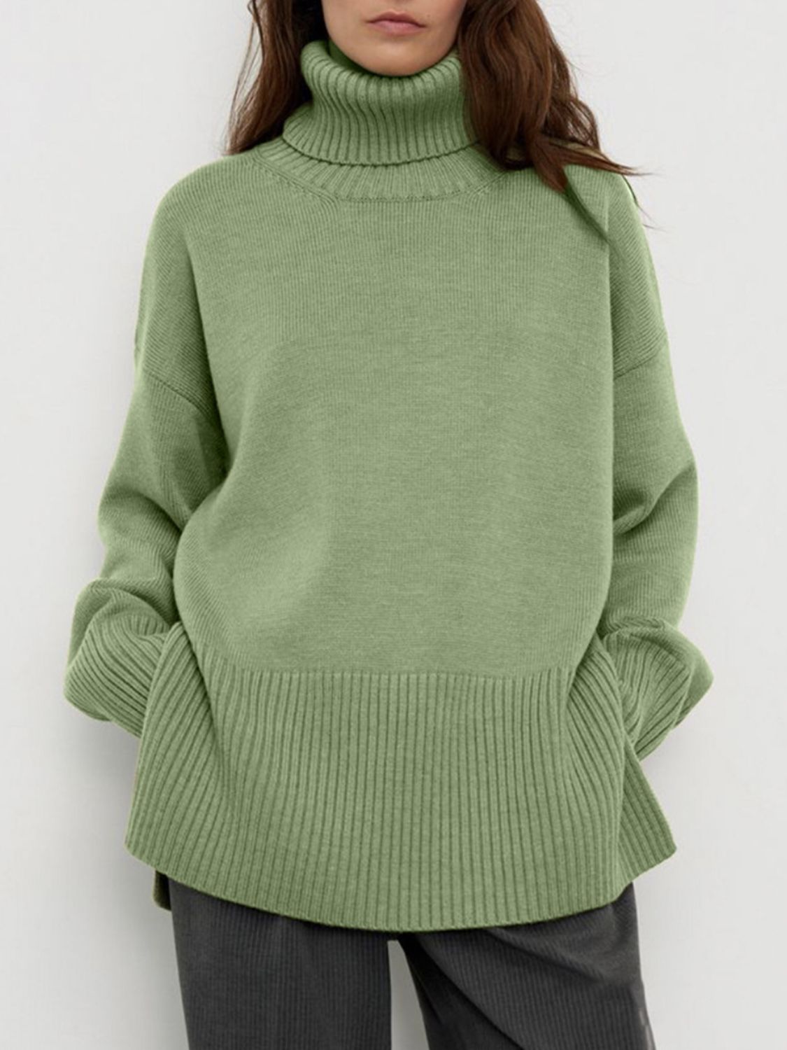 Women Sweater Side Slit Turtleneck Drop Shoulder Long Sleeve Soft Pullover Matcha Green One Size 737c9ff3-2c55-4f07-8219-7c9e0eda04a1-Max Trendsi