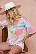 BiBi Cotton T-shirt Rainbow Stripe Printed Triblend Knit Short Sleeve Top 7381e51c21854004947d504c1b0058a4-Max-Origin Trendsi