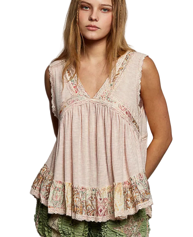 POL Lace Detail Ruffled Ribbed Sleeveless Top with Floral Pattern Trim Detail