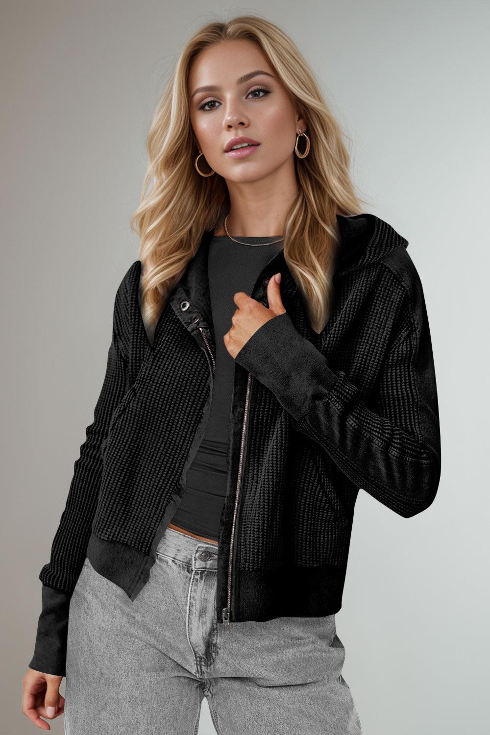 Double Take Hooded Jacket Waffle-Knit Zip Up Long Sleeve 73877bcd-7205-4622-a4f8-7d7c6301eed3-Max Trendsi