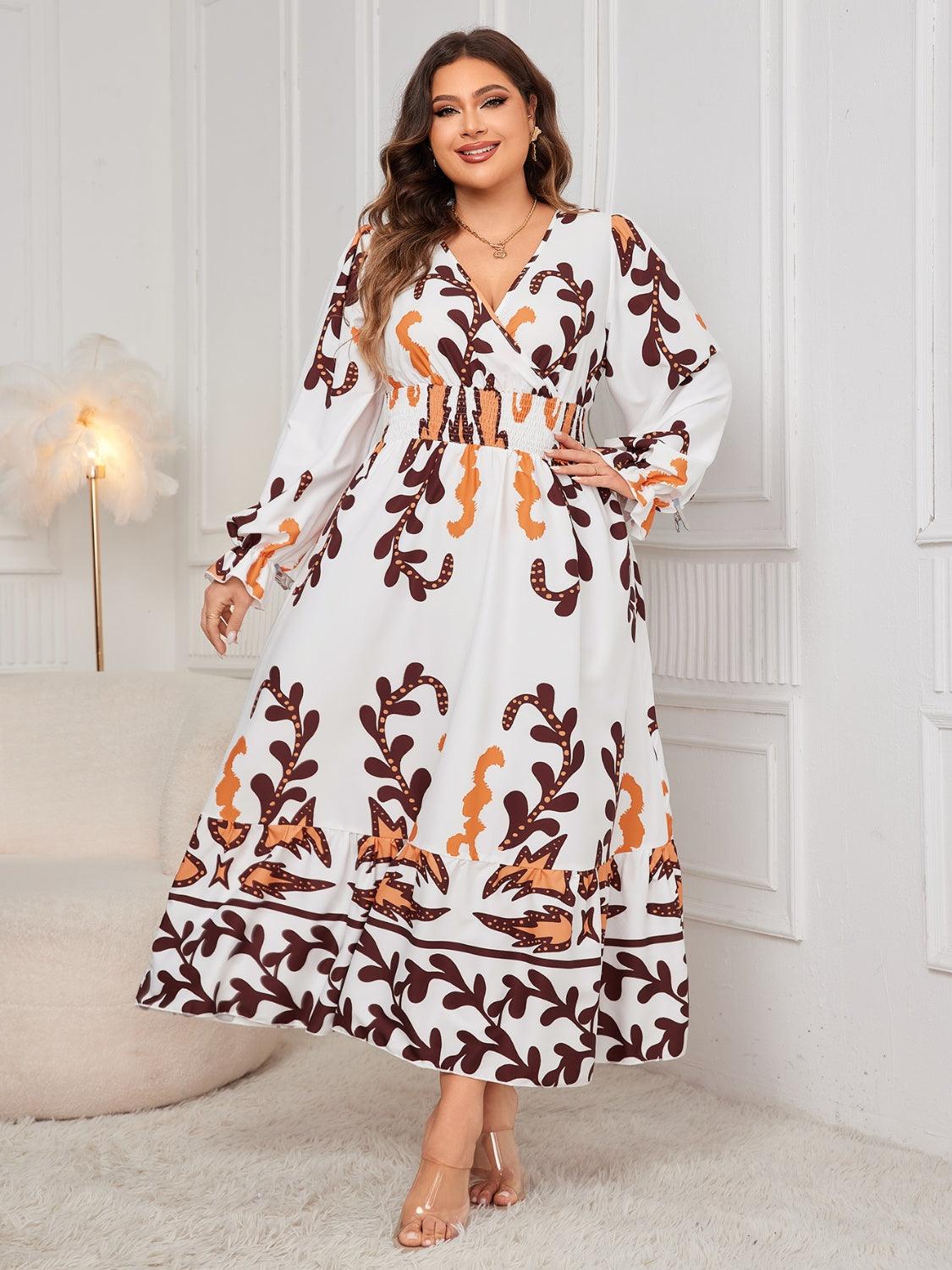 Plus Size Dress Printed Surplice Flounce Long Sleeve V Neck 738c5114-f14c-4411-8c7e-41281efd64b0-Max Trendsi