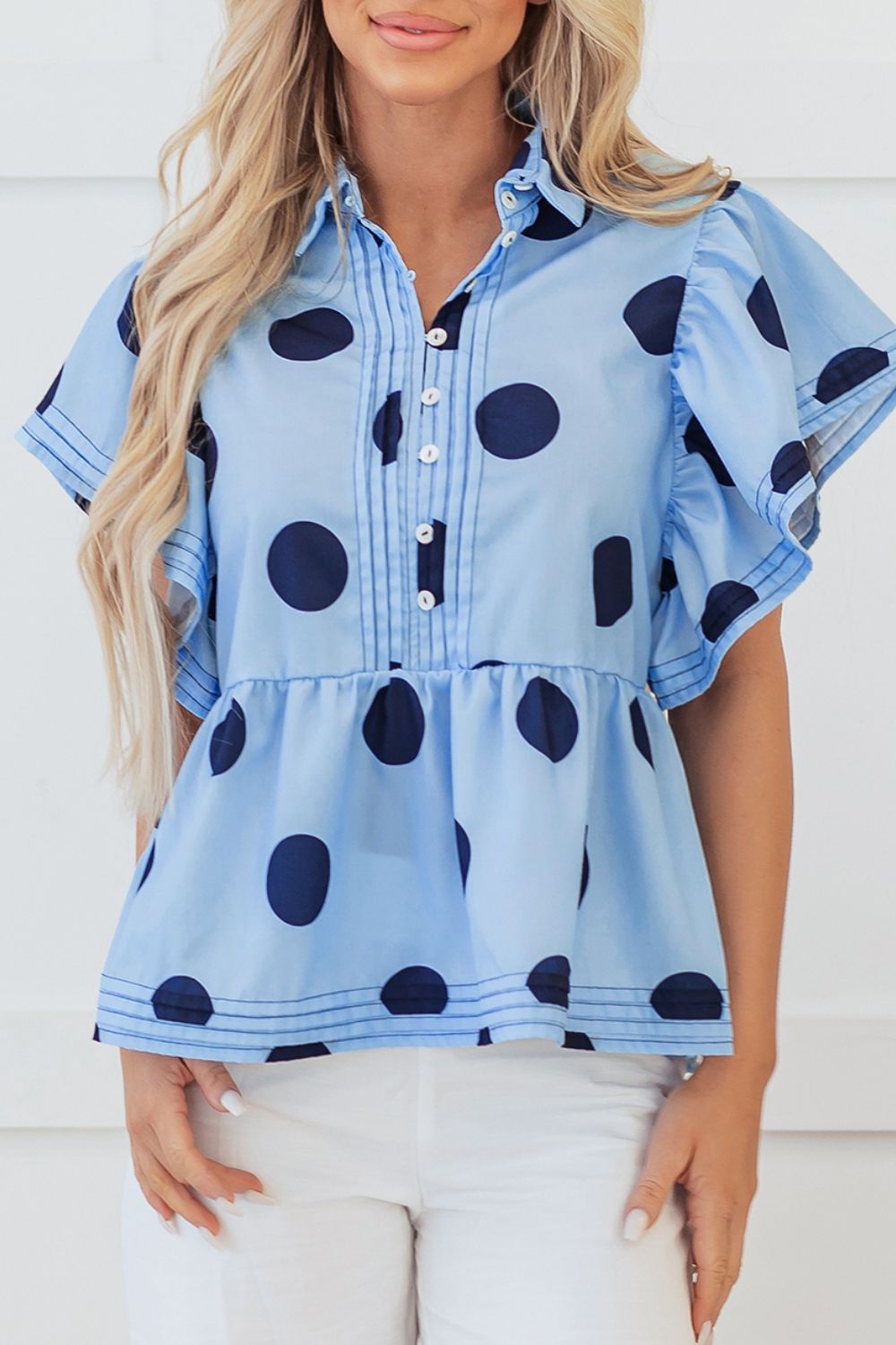 Polka Dot Blouse Ruffled Short Sleeve Shirt Light Blue Shirt Top Light Blue 739360ab-0112-4a70-9c05-3fb624cff067-Max Trendsi