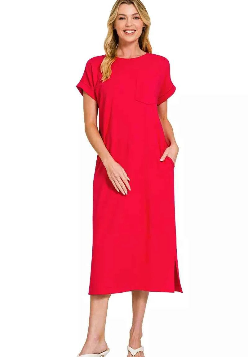 Zenana Midi Dress Ruby Red Round Neck Short Sleeve RUBY 7398929e3e0642f780b915d36d10ca99-Max-Origin Trendsi