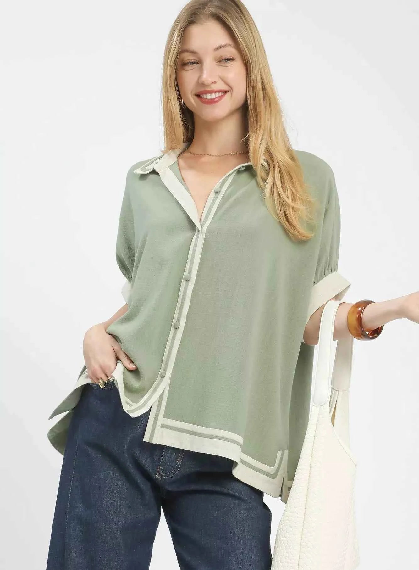 Umgee Linen Blouse Mint Button Front Top with Contrast Piping MINT 73a4bdbf-d2c9-46ae-b14f-2ac57e0279cf-Max-Origin Trendsi