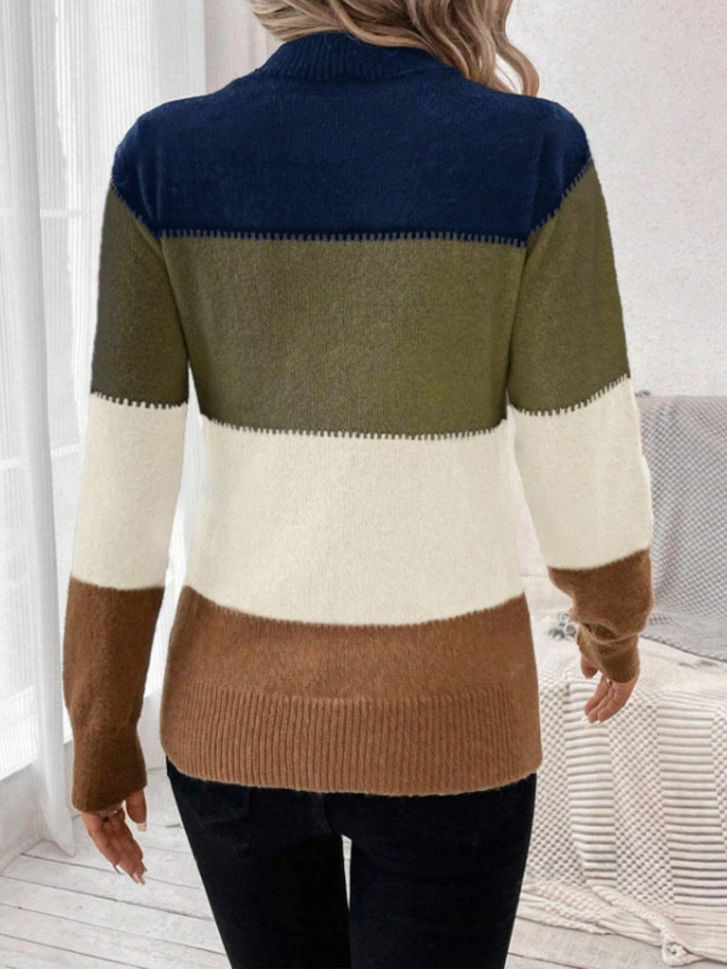 Striped Sweater Color Block Mock Neck Long Sleeve Soft Knitwear 73a63ab3-33e8-40a4-be86-3f5aa9286a0d-Max Trendsi