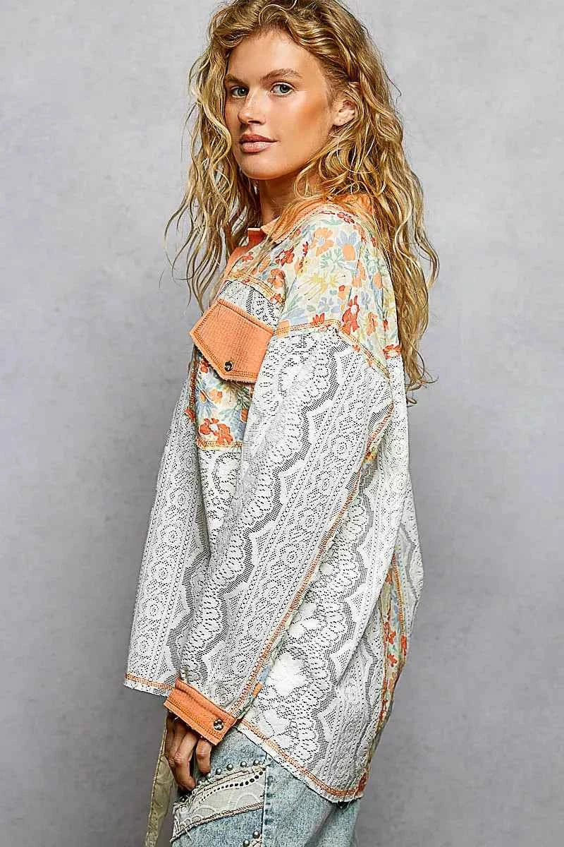 POL Floral Print Long Sleeve Lace Shirt with Front Pocket
