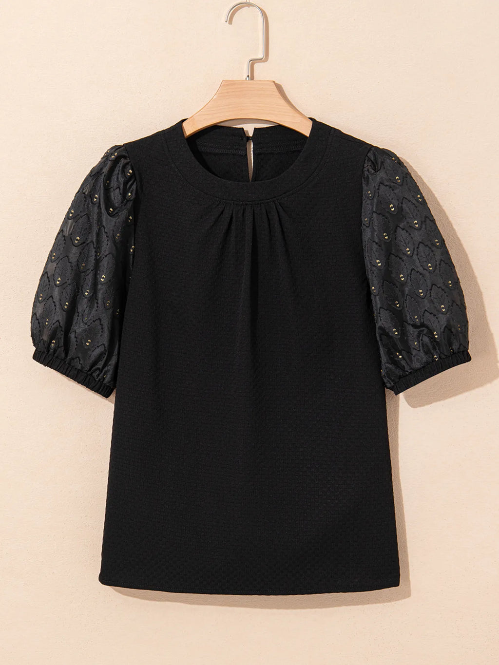Women's Blouse Bubble Short Sleeve Patchwork Textured Black Top 73ae1617a81f4d02aa3b7c2e0ddc02a5-Max-Origin Trendsi